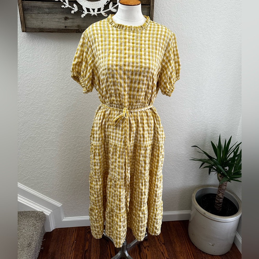 Sweet Salt mustard gingham modest short sleeve midi dress‎ size 12